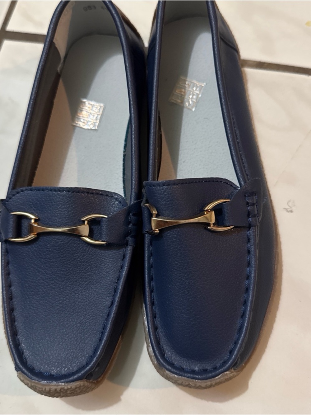 Women’s Navy Blue Slip-On Loafers with Gold Bit Accent